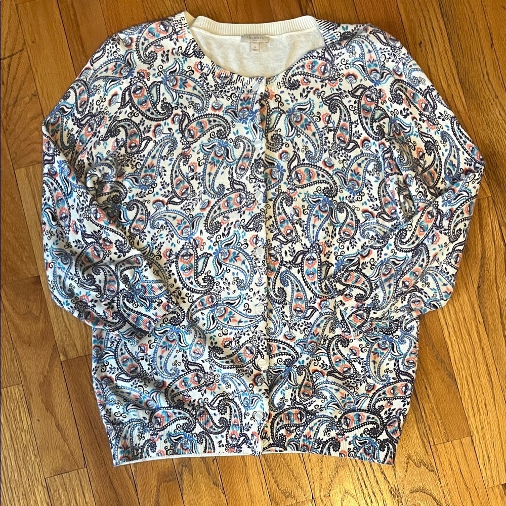 Talbots White Paisley Cardigan with Blue & Coral Accents
